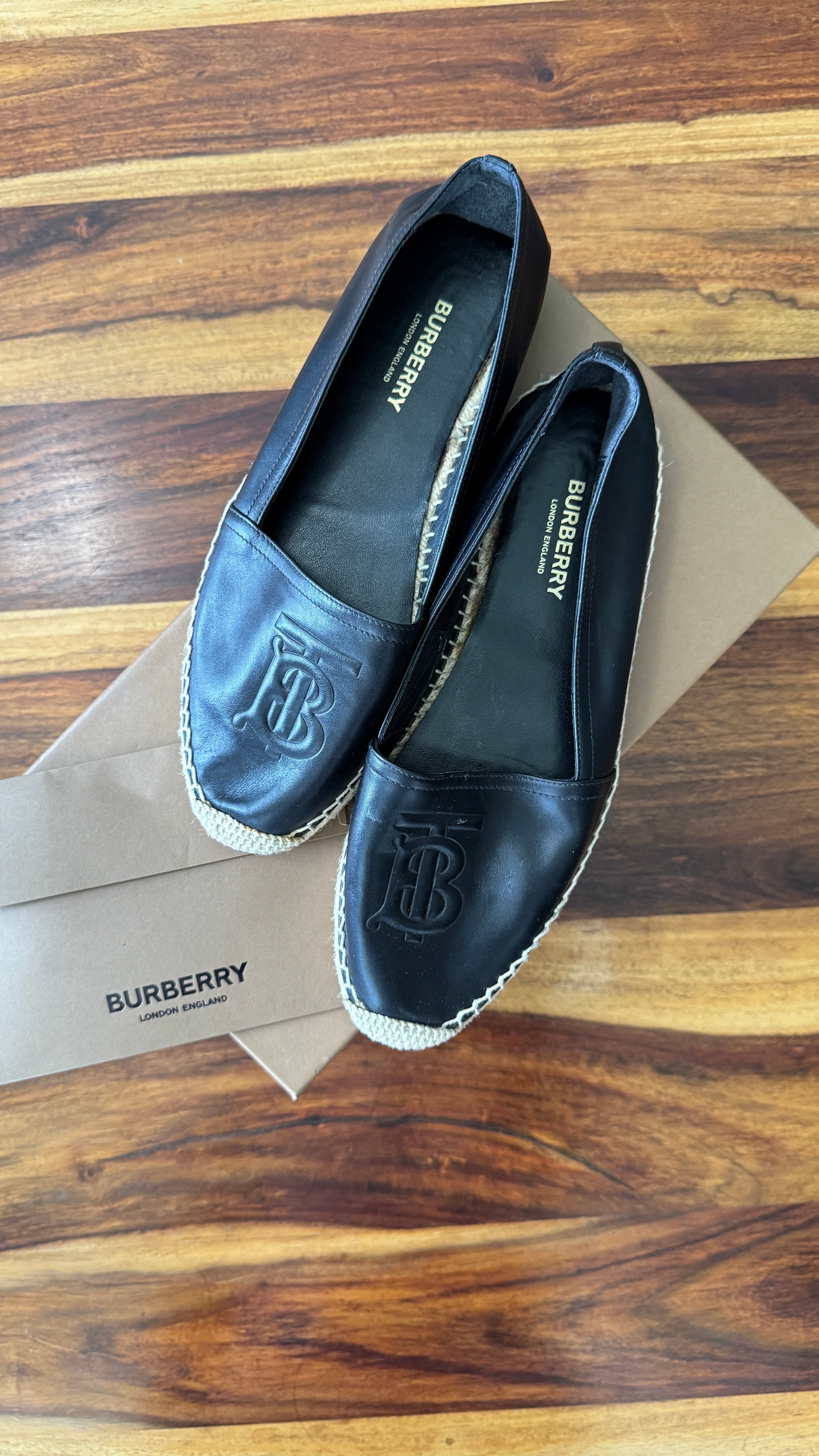 Burberry Black Leather Monogram Tabitha Espadrilles size 39